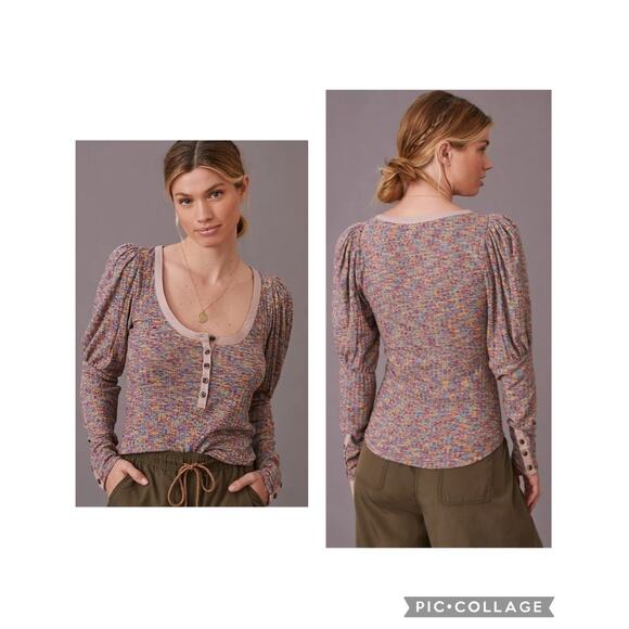 Anthropologie Women's Henley Shirt Medium Ribbed Puff Sleeve Scoop Boho Peasant - Picture 1 of 11